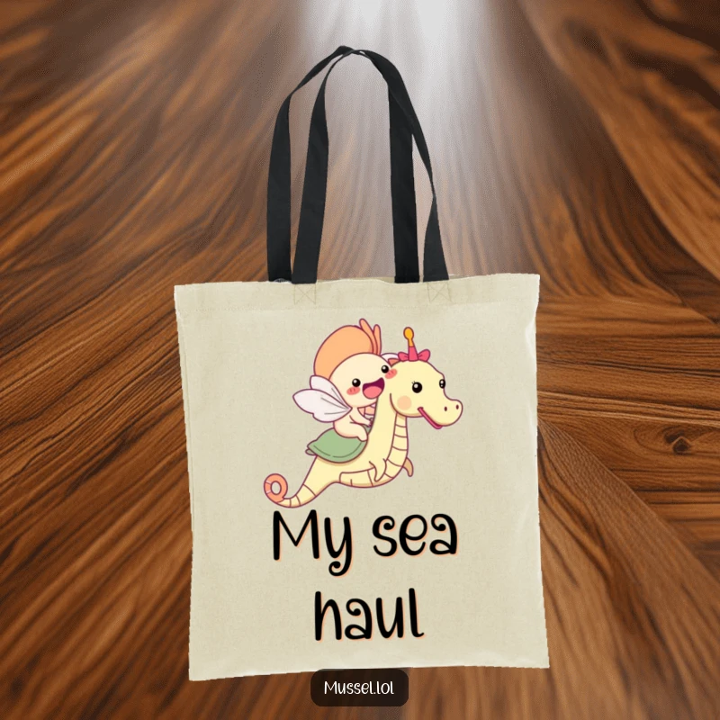 Funny mussel character riding a seahorse tote bag, ready for carrying treasures.