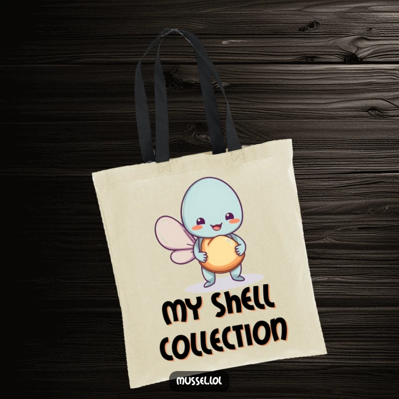 Funny Mussel Tote Bag depicting a kind mussel offering a shell, a spacious and humorous accessory for gifts.