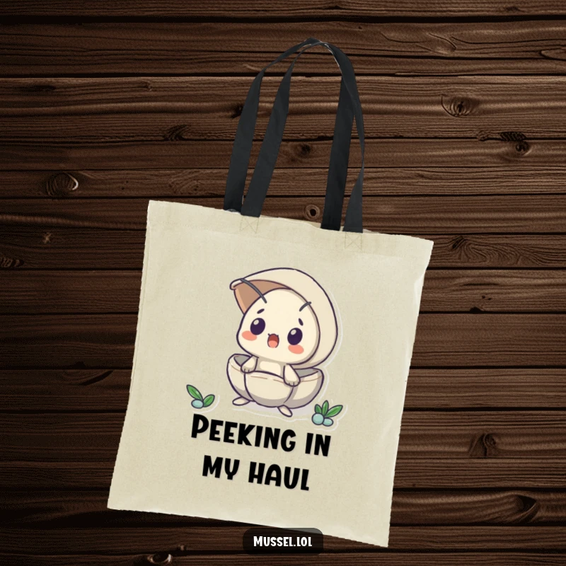 Funny tote bag with a mussel peeking out of its shell in surprise, perfect for carrying items with a humorous and relatable expression.